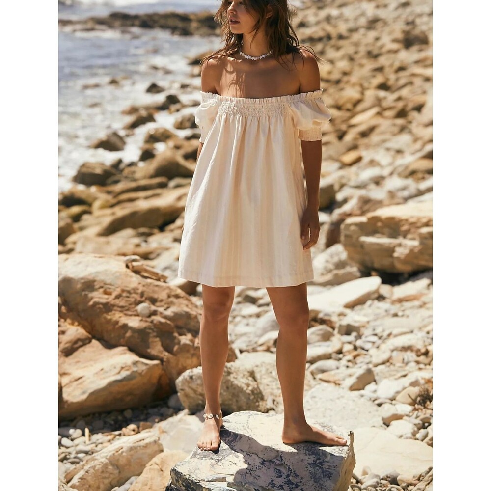 Free People Free Est Mila Mini Dress Smocked Puff Sleeves Striped Print S 287906